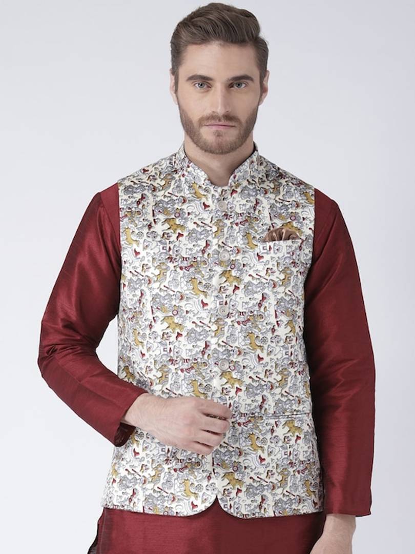 Men's White Viscose
 Printed Nehru Jackets